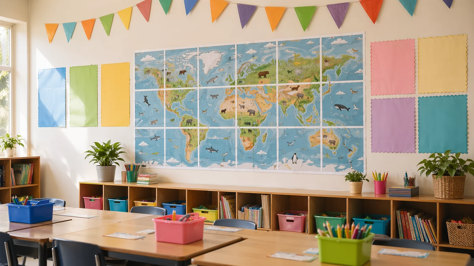 Buntes Klassenzimmer mit Postern und Lerntafeln an den Wänden