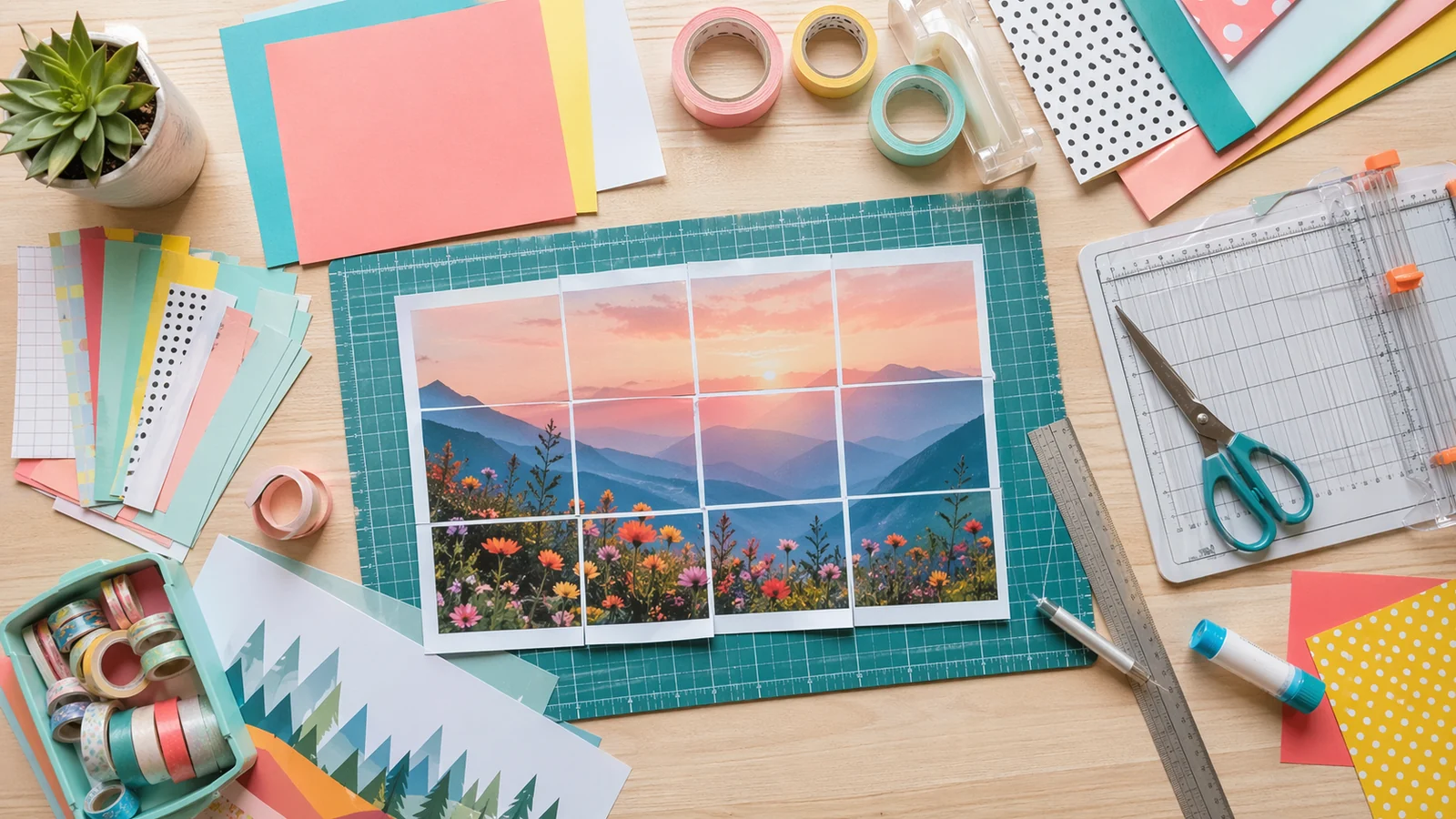 Buntes Bastelmaterial und Zubehör auf einer Arbeitsfläche angeordnet