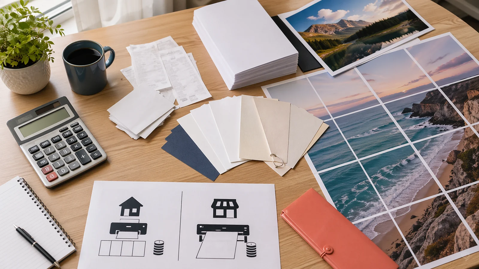 Taschenrechner und Quittungen auf einem Schreibtisch – Vergleich der Druckkosten