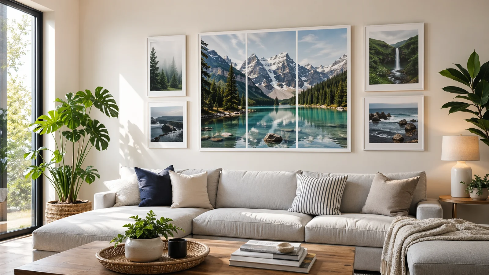 Galeriewand mit gerahmten Postern in einem modernen Wohnzimmer