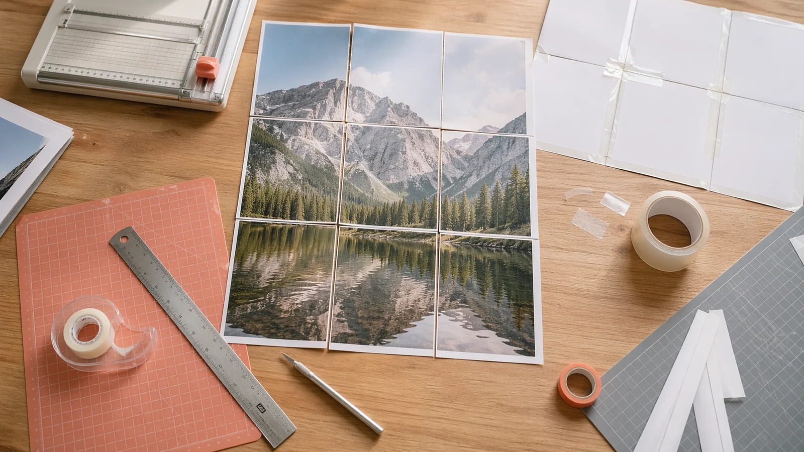 Arbeitsplatz mit Bastelmaterial, Lineal und Papier zum Zusammensetzen eines Posters