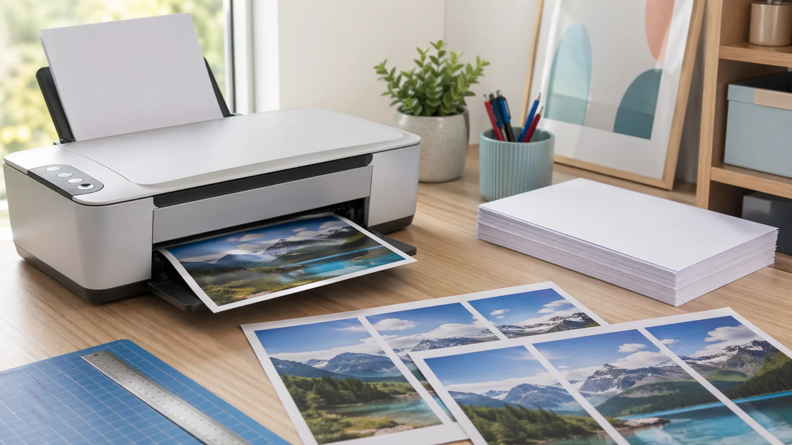 Moderner Heimdrucker auf einem Schreibtisch mit Papierbögen, bereit zum Druck